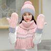 Women Winter 3Pcs Pompom Beanie Hat Long Scarf Gloves Set Contrast Color Chunky Knit Plush Lined Skull Cap Neck Warmer