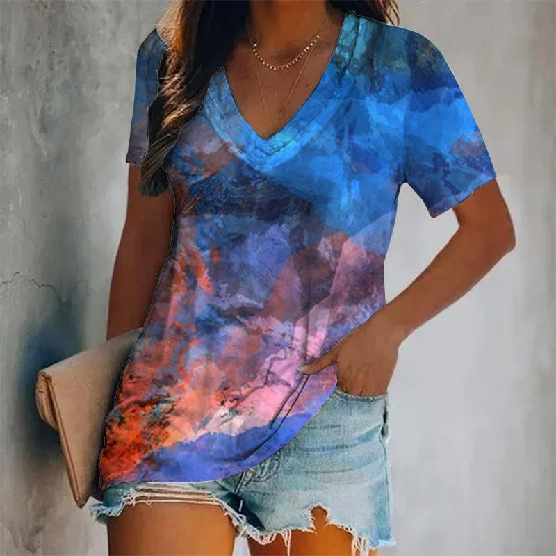Женская новая футболка с короткими рукавами и V-образным вырезом, цветной принт, короткий рукав, свободный женский топ, дышащая футболка в стиле Y2K
