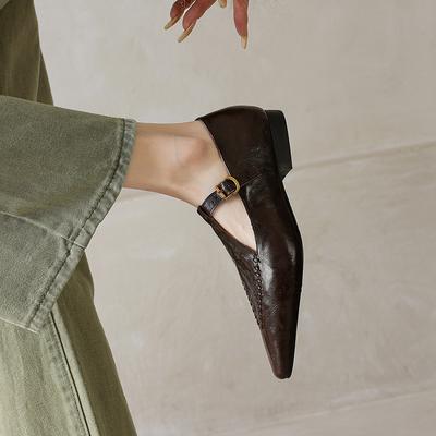 Мода 2025 Новая весна Овчина Женская обувь Острый носок Низкий каблук Женские туфли-лодочки Обувь для женщин Мэри Джейн Натуральная кожа Женская обувь