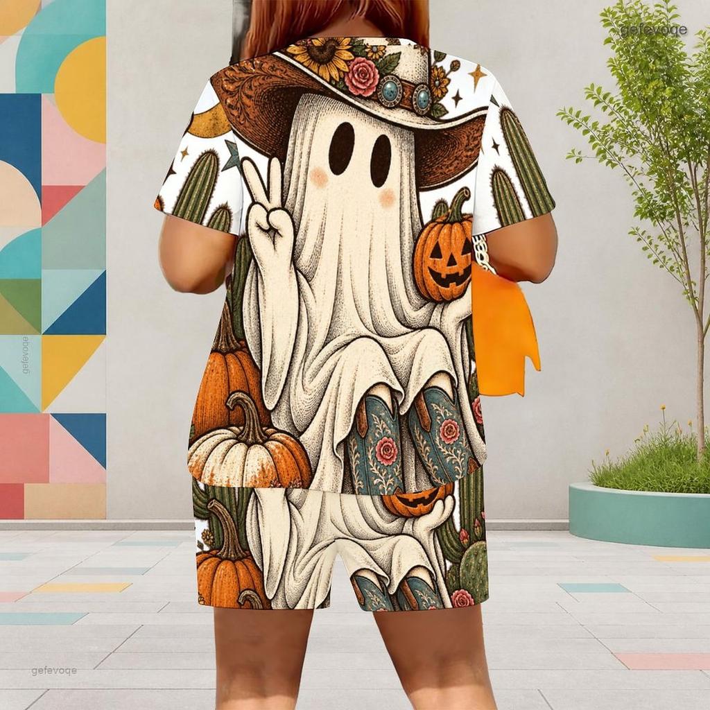 Women Plus Size Round Neck Short Sleeve Printed Top Pocket Shorts Two Piece Set