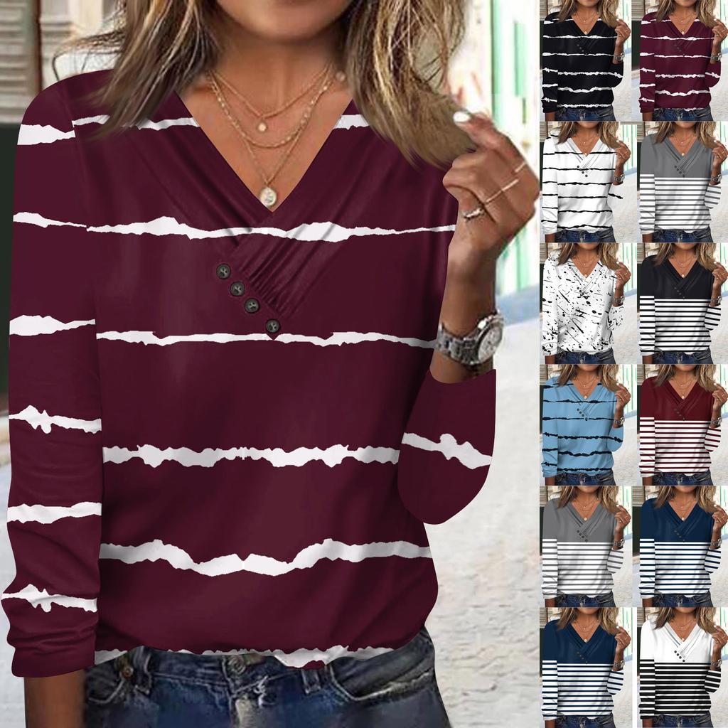 Женские топы с длинными рукавами, осенние блузки с v-образным вырезом и длинными рукавами, свободный крой, повседневные футболки с принтами на пуговицах