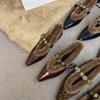 Туфли Мэри Джейн из кожи с металлической пряжкой, пушистые туфли, французские остроносые ретро-бархатные женские теплые туфли из хлопка