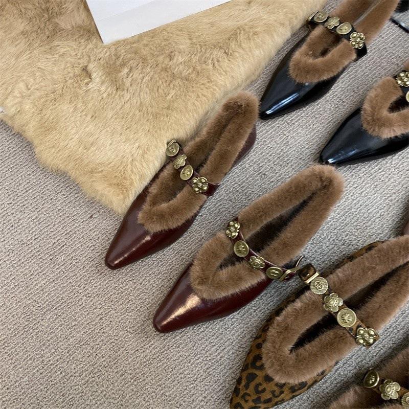 Туфли Мэри Джейн из кожи с металлической пряжкой, пушистые туфли, французские остроносые ретро-бархатные женские теплые туфли из хлопка