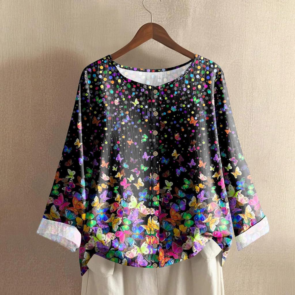 Женский повседневный топ с длинным рукавом и круглым вырезом, из хлопка и льна, с принтом в стиле ретро с градиентом