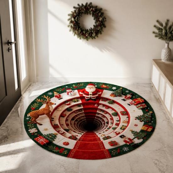 Santa Claus Elk Print Rugs Christmas Round Area Rug, 3D Visual Trap Floor Mat with Print, Festive Entrance Hall Runners Non-Slip Stain Resistant