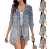 Women's  Print Irregular Three-quarter Sleeve Cardigan With Pocket Jacket