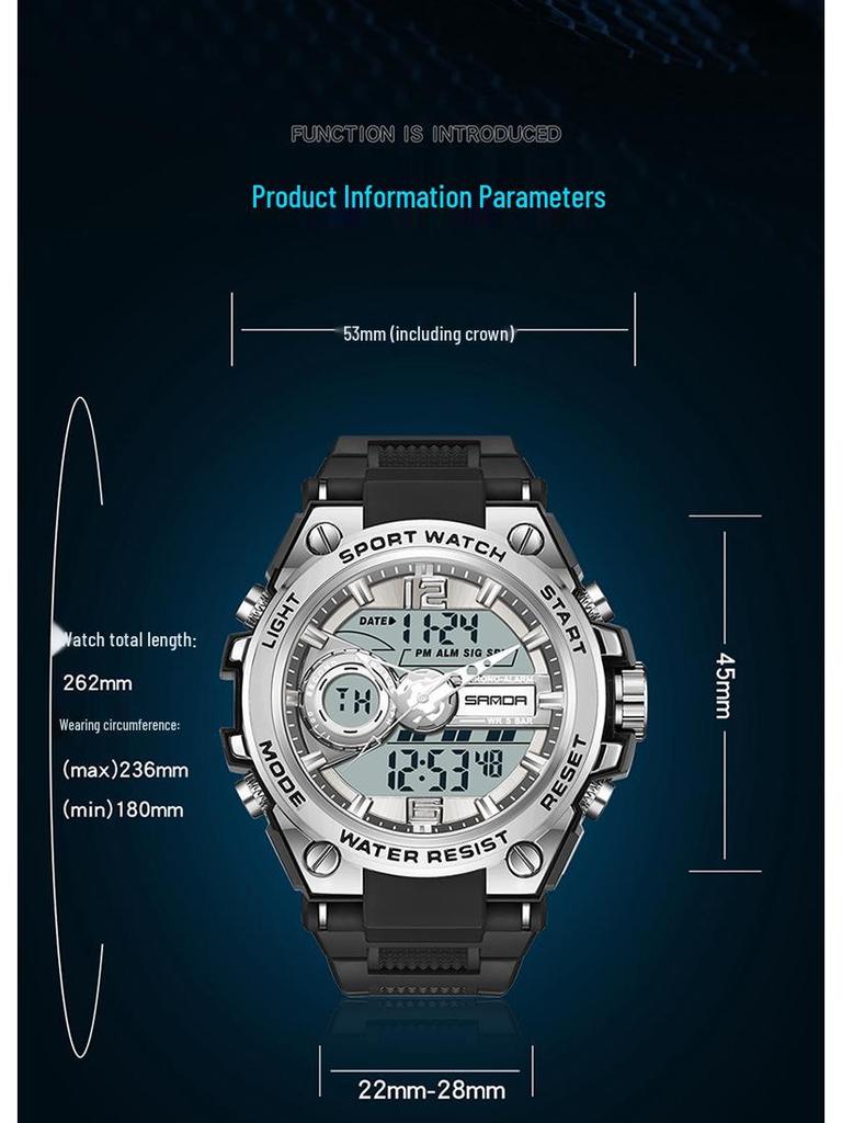 Sanda Men's Large Dial Multifunctional Waterproof Sports Watch with Alarm