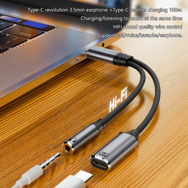 Кабель-адаптер USB C на наушники и зарядку 2 в 1 PD100W Быстрая зарядка Type C на переходник для наушников