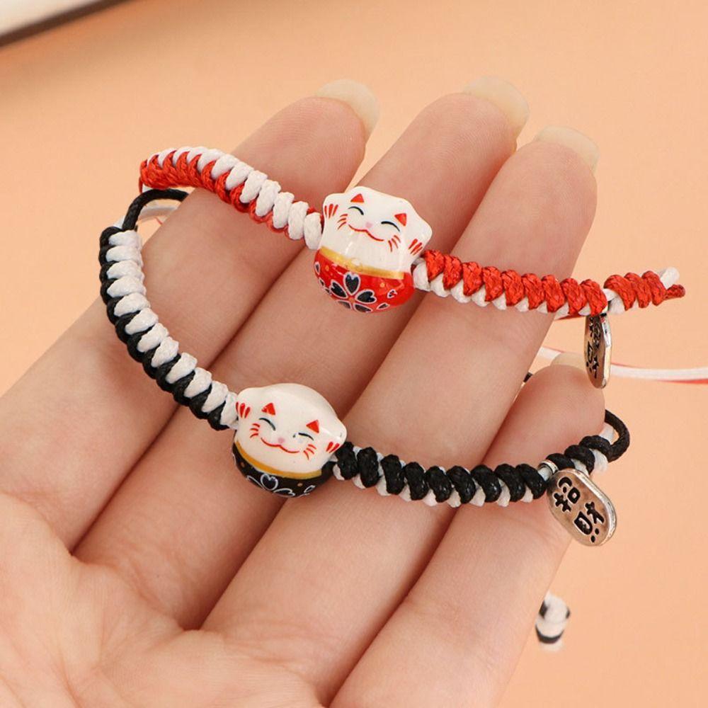Ручная веревка Красная плетеная веревка Двухцветный женский ручной браслет Милый Манеки-неко Женский