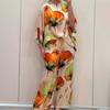 Summer Autumn Elegant One Neck Loose Printed Bat Sleeve Drawstring Pant Suit