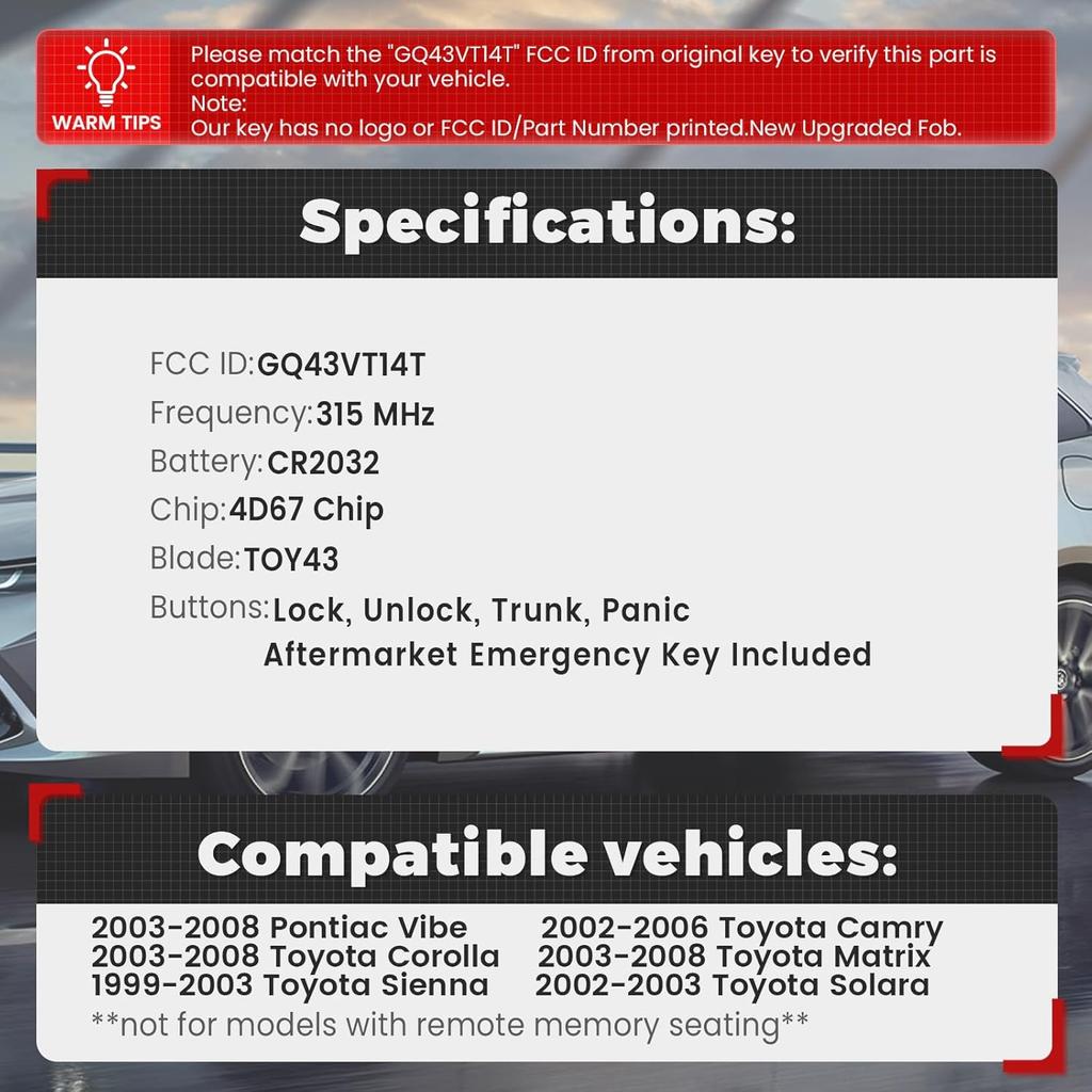 Улучшенный брелок для ключа автомобиля Beefunny для Toyota Camry Corolla Matrix Sienna Solara, для Pontanic Vibe Замена брелока для ключа FCC ID: GQ43VT14T 315 МГц