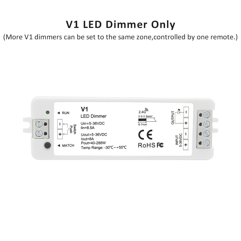 V1 LED Dimmer 12V 24V 36V RT6 4 Zone Single Color LED Strip Dimming Kit Wireless 2.4G RF Remote Control Push Switch Dimer