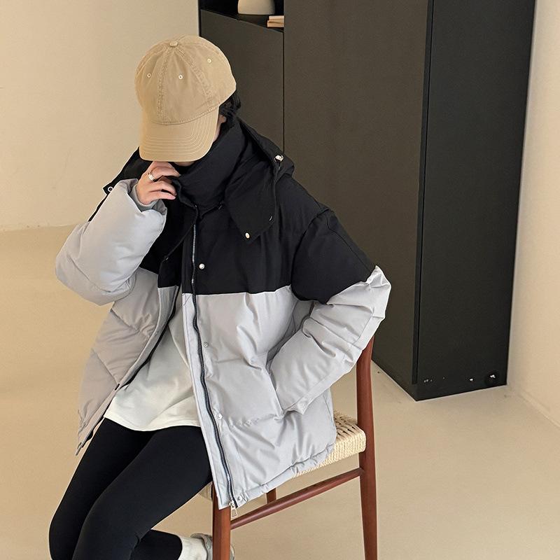 Winter American color matching couple down cotton clothes men's and women's new removable hat warm thickened coat