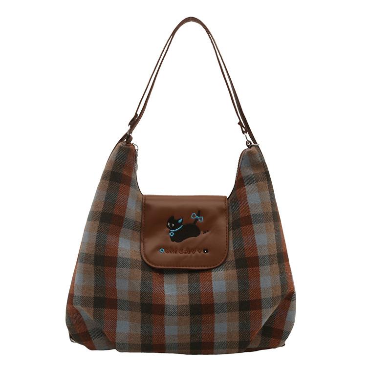 Version cartoon puppy backpack bag women's new college plaid tote bag versatile largecapacity shoulder bag