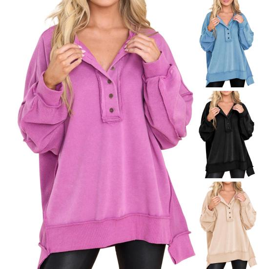 Женская толстовка с пуговицами, круглым вырезом, длинными рукавами, эластичными манжетами, свободная однотонная, неровный подол, пуловер, повседневный спортивный топ