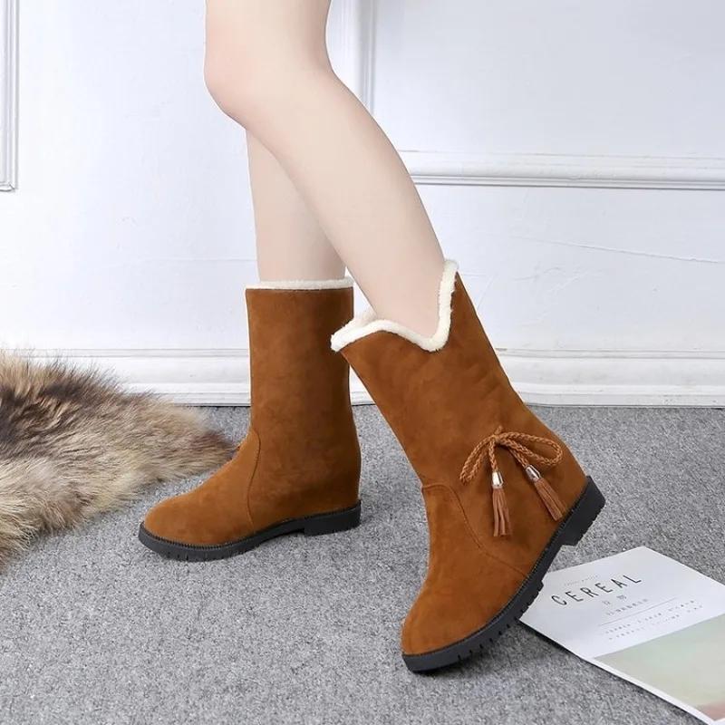 Shoes for Women Half High Mid Calf Womens Snow Boots Brown Tassel Elegant with Low Heels Work Winter 2024 Novelty Gyaru Fashion