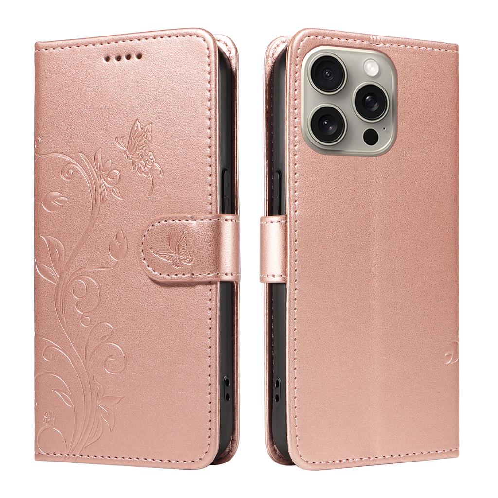 For iPhone 15 Pro Max PU Leather Cases Flower Pattern Wallet Stand Phone Cover with Strap