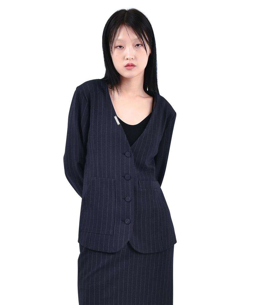Katharsis Collarless Dress Jacket Navy Pinstripe Free