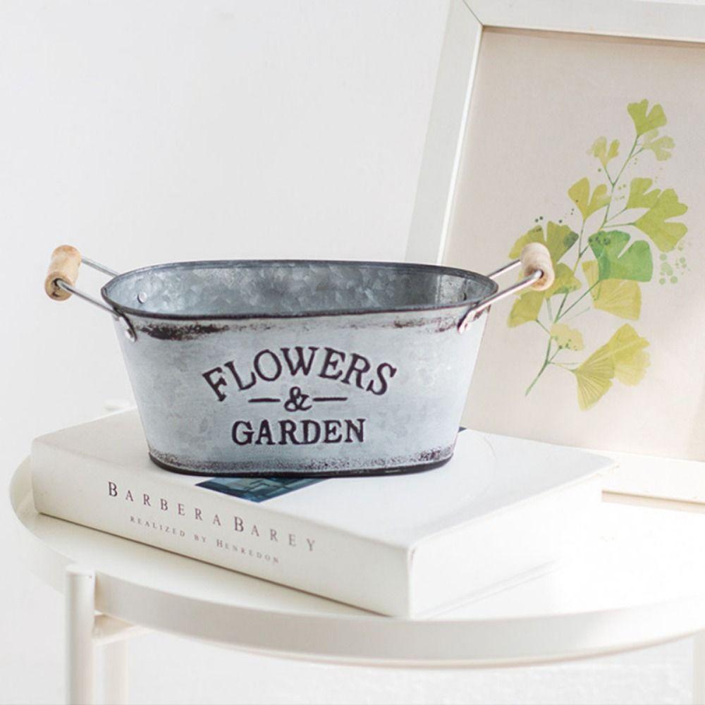 Rustic Iron Oval Flowerpot European Style Wooden Flower Bucket Retro Flower Vase  Succulent Plants