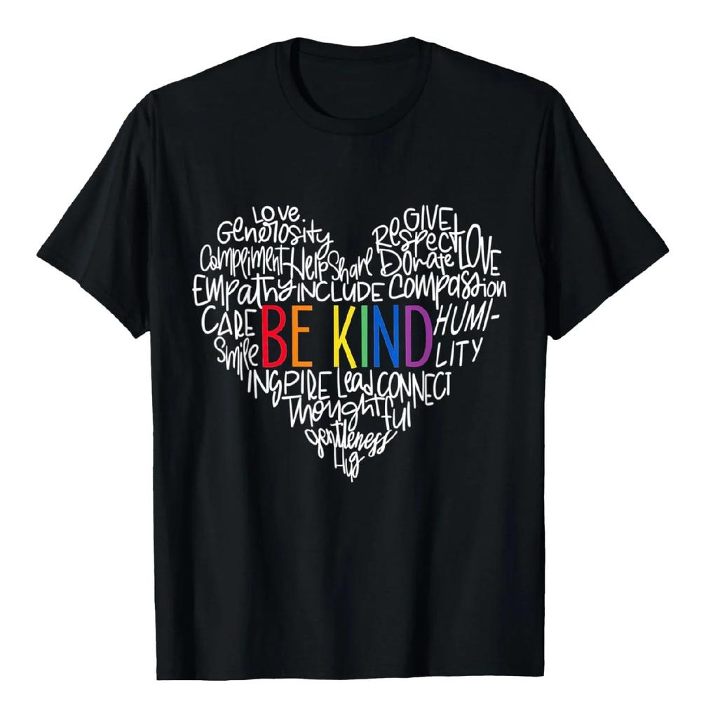 Be Kind LGBT Rainbow Heart Kindness Words Graphic T-Shirt Unisex Short Sleeve Tee
