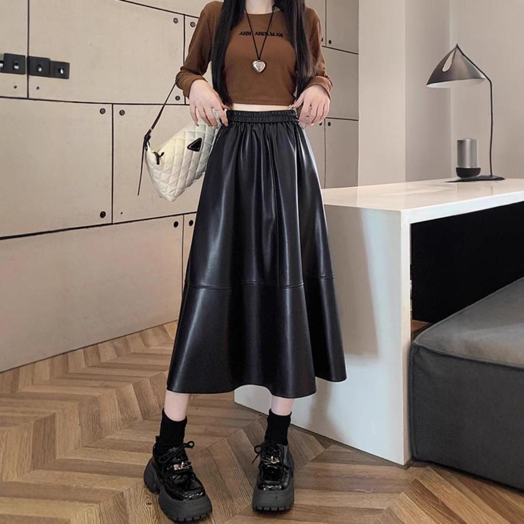Women's Black PU Leather Midi Skirt with Elastic Waist - A-Line, Slimming, Full Circle Design for Autumn/Winter