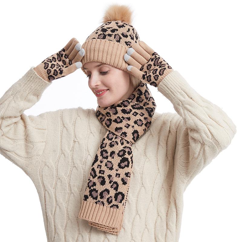European and American Autumn and Winter Leopard Print Warm Knitted Wool Hat Scarf Gloves Three Piece Set
