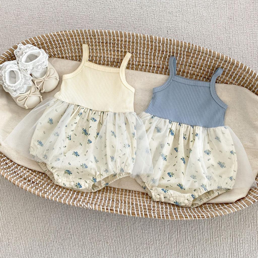 Summer Baby Girl Floral Strap Romper with Detachable Mesh Jacket Lightweight and Breathable