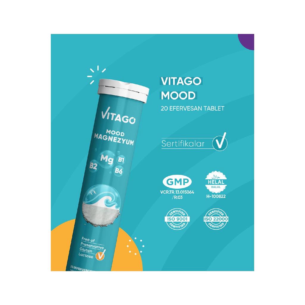 Упаковка из 20 шипучих таблеток для улучшения настроения, содержащих магний, витамин B1, витамин B2 и витамин B6.