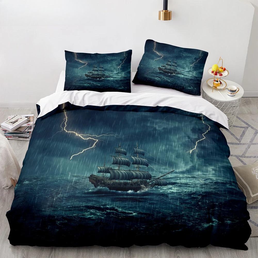 Винтажный пододеяльник с изображением парусника, короля и королевы, комплект постельного белья с изображением океана для подростков и взрослых, с изображением корабля и огня, черный, 2/3 шт., полиэстер, пододеяльник