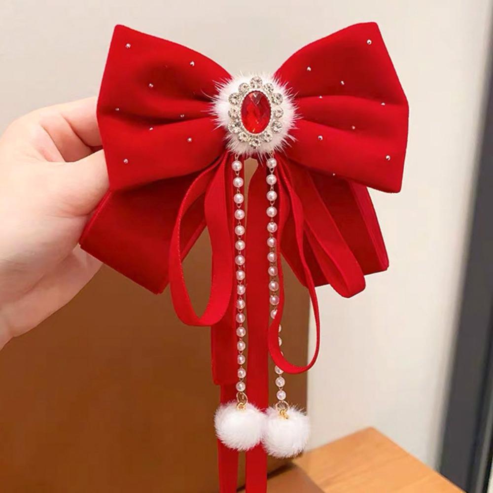 Velvet Ribbon Hair Clips Red Shiny Velvet Hairpins New Year Red Bow Hairpin Little Girls