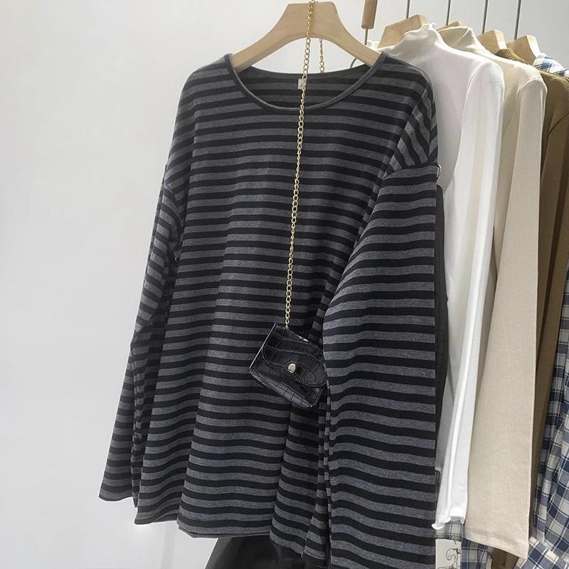 Повседневная футболка в ленивом стиле, длинная, в полоску, контрастного цвета, с круглым вырезом и длинными рукавами, женская, для ранней весны, простая, для офиса, базовая