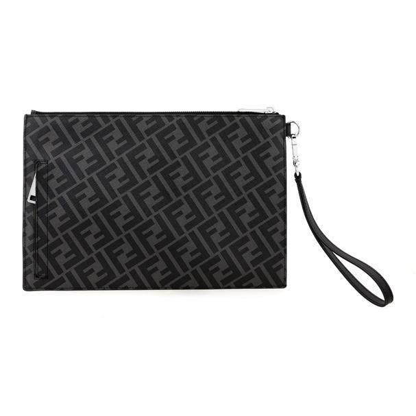 Fendi Монограмма Логотип Узор FF Цветовые блоки Полосатый Покрытый Браслет-кошелек Холст и Кожа Клатч Мужской клатч Черный Серый Желтый 7N0110-A9XS-F0R2A