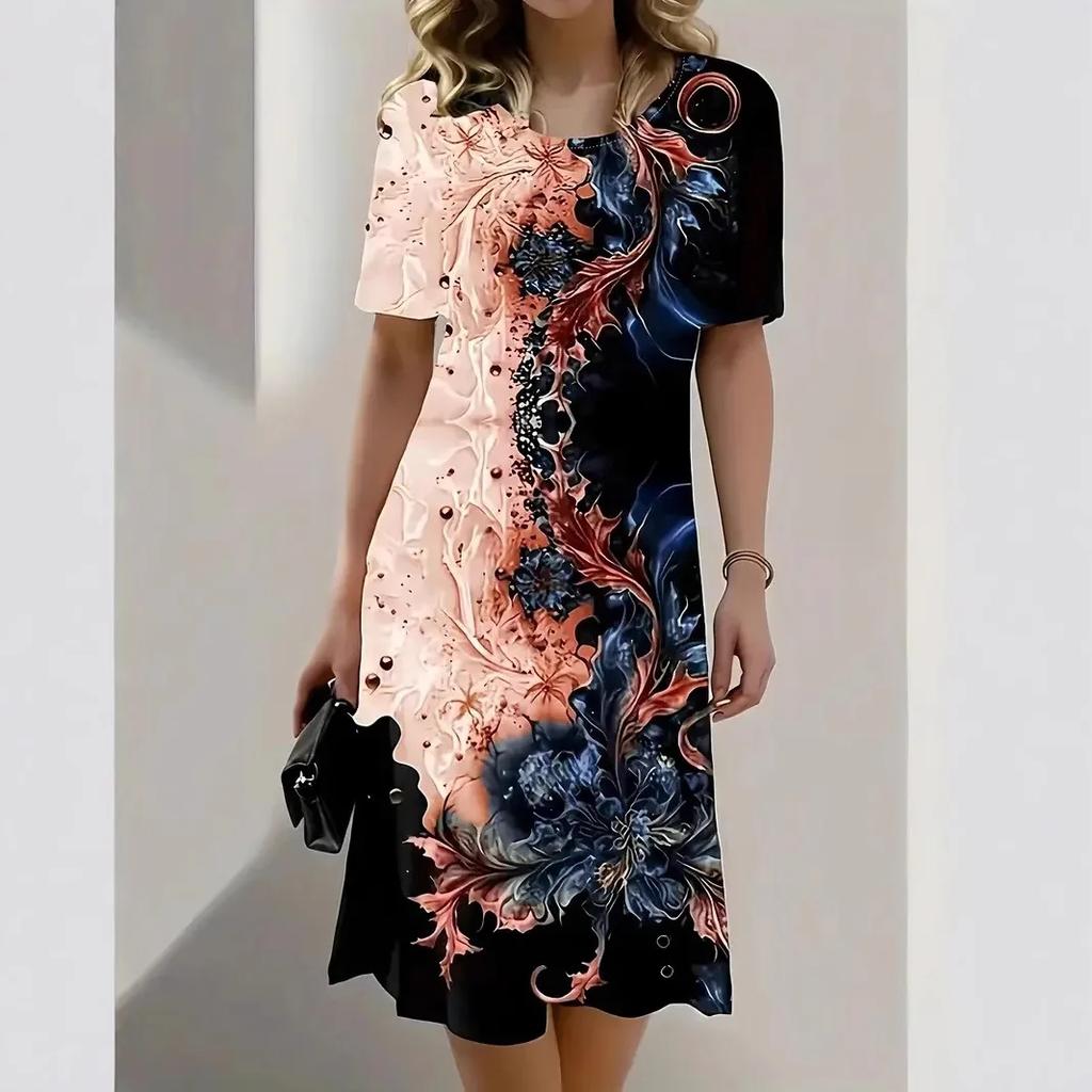 Ladies Round Neck Short Sleeve Print Dress Elegant Dress Summer New Style Fashionable Women's Dress