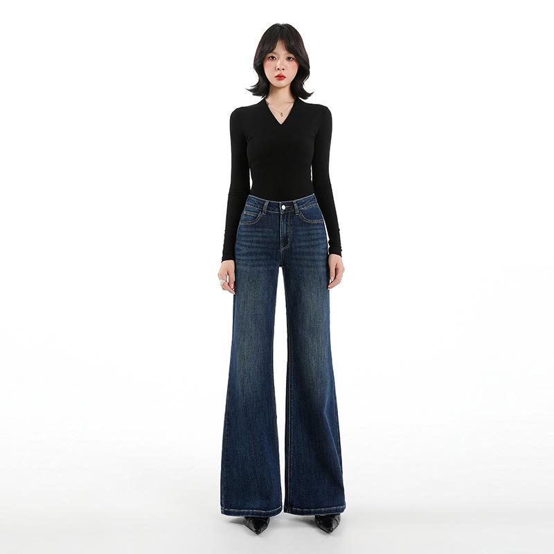 No legs slightly pulled jeans women's autumn new high waist loose and thin versatile wide leg flared pants