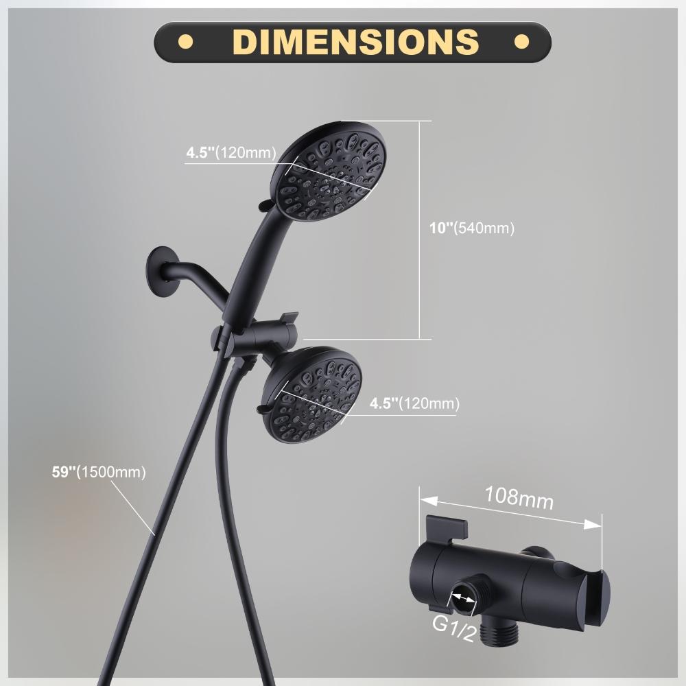 Showerhead and Handheld Shower Set Matte Black 2 in 1 Shower Head System with Hose, Dual Rain and Handheld Shower Head Combo