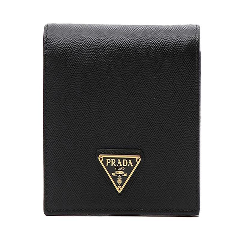 Prada Saffiano triangle gold label black leather wallet men and women same style couple style