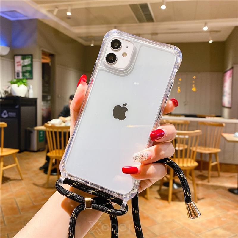 Lanyard Strap Crossbody Cord Rope Clear Case For 17 16 15 14 13 Pro Max 12 11 XR Mini 7 8 Plus Shockproof Acrylic Cover