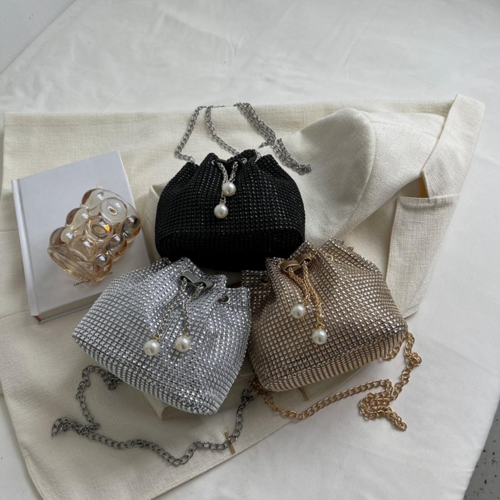 Bucket Bag Korean Version Western Style Chain Shoulder Crossbody, Armpit Water Drill Drawstring Bag