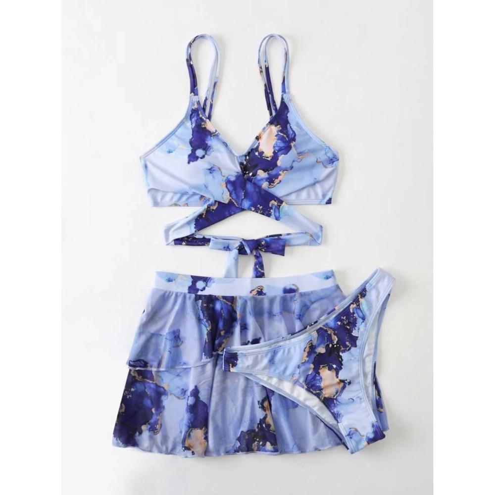 Three Pieces Marble Print Halter Micro Triangle Bikini Swimsuit Women Beach Skirt Swimwear Summer Beach Bathing Suit Bikini Set