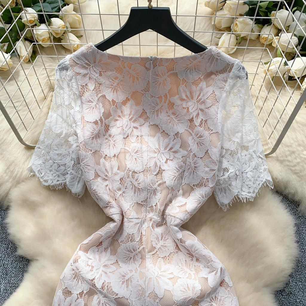 Летние женские элегантные квадратные воротники с бисером, кружевные, вязаные крючком, с цветочным принтом, для офиса, вечерние, тонкие облегающие платья-карандаш