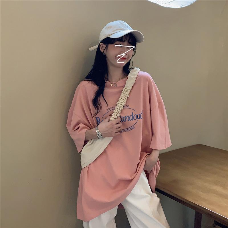 Лето 2024 Корейский Ретро Средней Длины Свободный Большого Размера Модная Женская Футболка с Коротким Рукавом