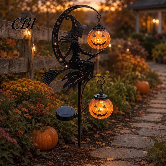 Outdoor Spooky Landscape Lighting Halloween Solar Garden Stake Light, Witch Pumpkin Moon Lantern, Decorative Path Lights IP44 Waterproof Metal