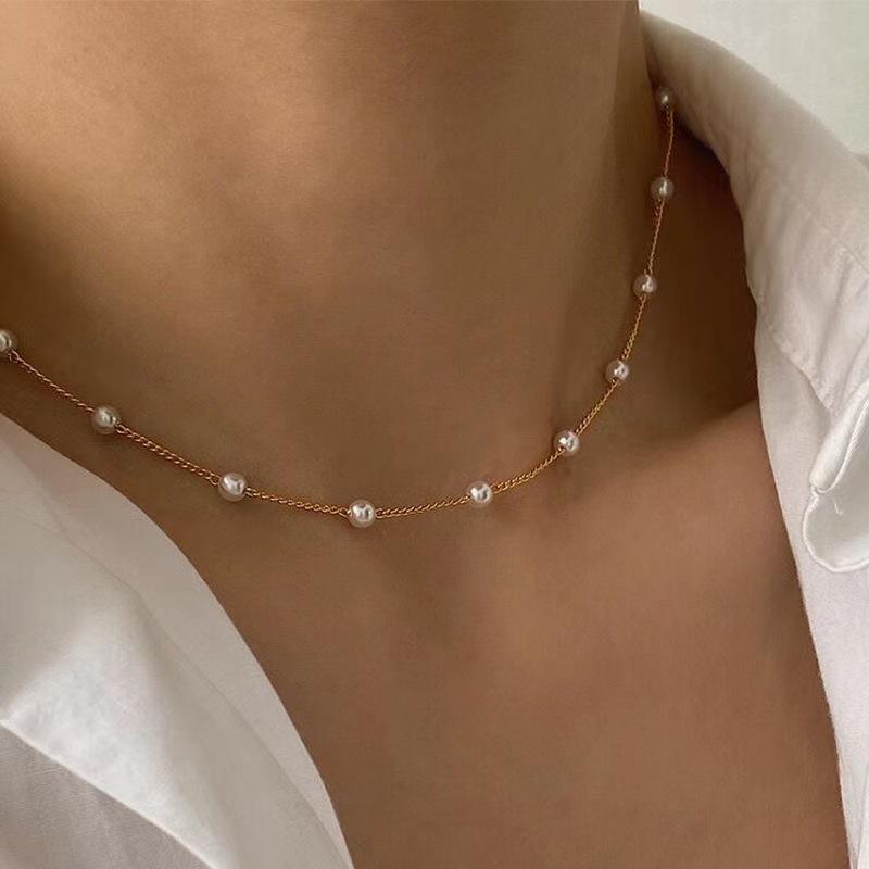 3pcs Women's Pearl Necklace Set Gold Fashion Love Heart Pendant Waterproof Hypoallergenic Collarbone Neck Chain Jewelry CLE