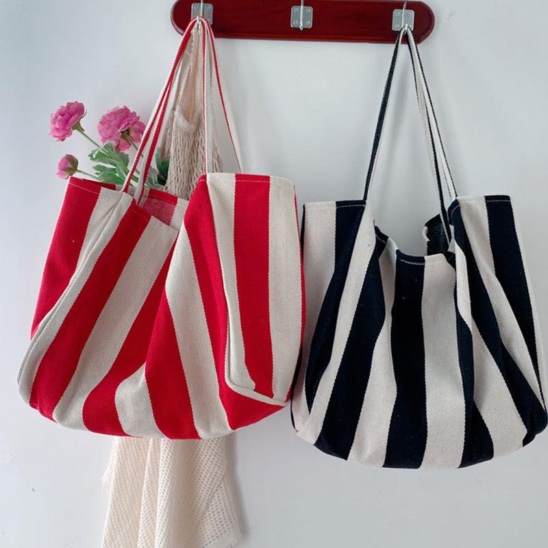 Вместительная холщовая сумка с ручкой сверху, женская летняя полосатая простая повседневная дамская сумочка, уличная сумка через плечо