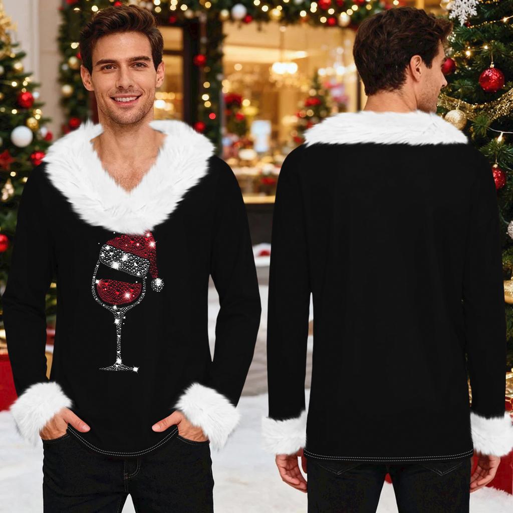 Мужской повседневный плюшевый свитшот с V-образным вырезом и длинными рукавами с мультяшным принтом на флисе