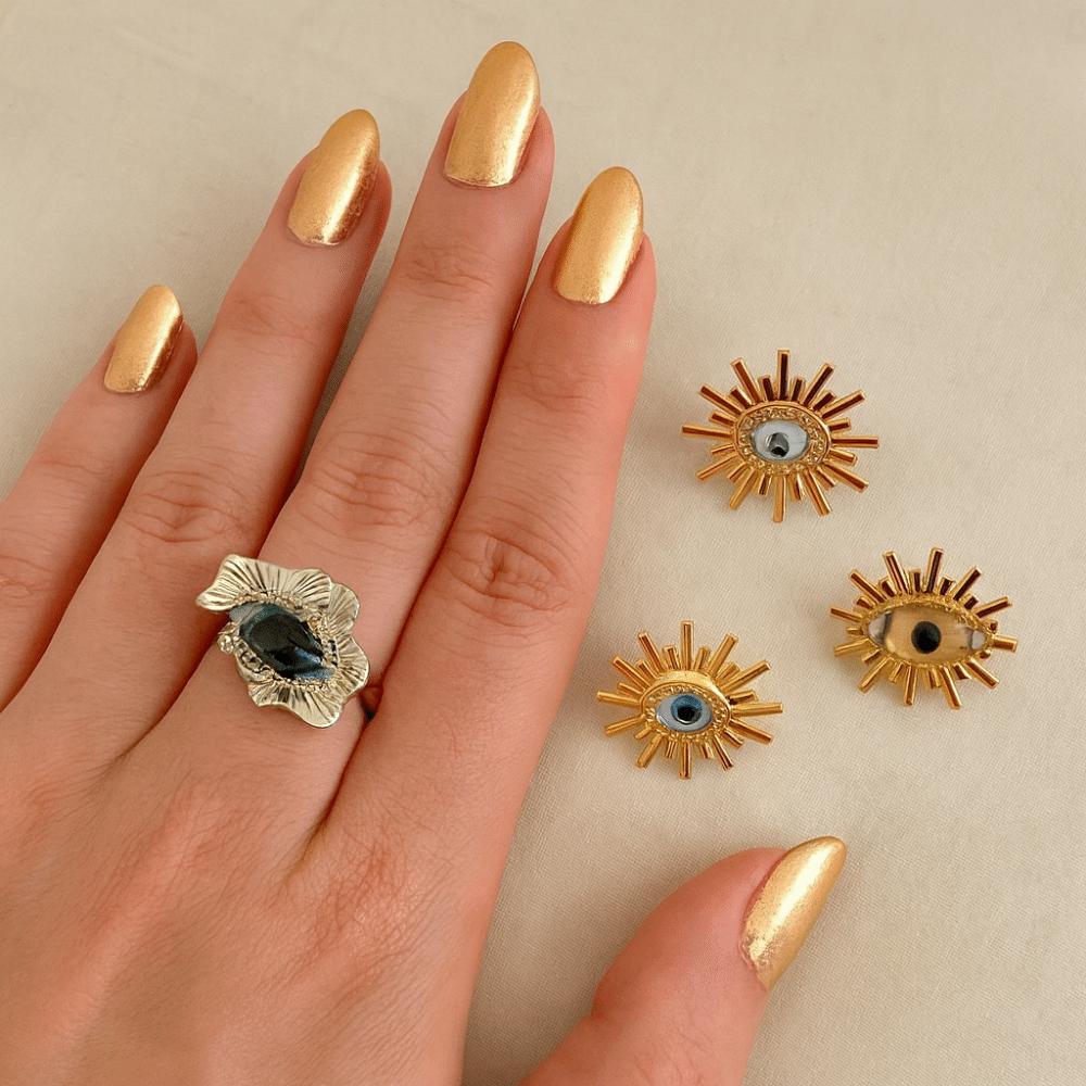 Blue Eyes Exaggerated Ring Geometric Vintage Gold Ring Personality Demon Eye Ring  Decoration