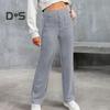 Women Pants High Waist Wide Leg Straight Loose Solid Color Button Closure Elastic Pockets Casual Lady Soft Trousers