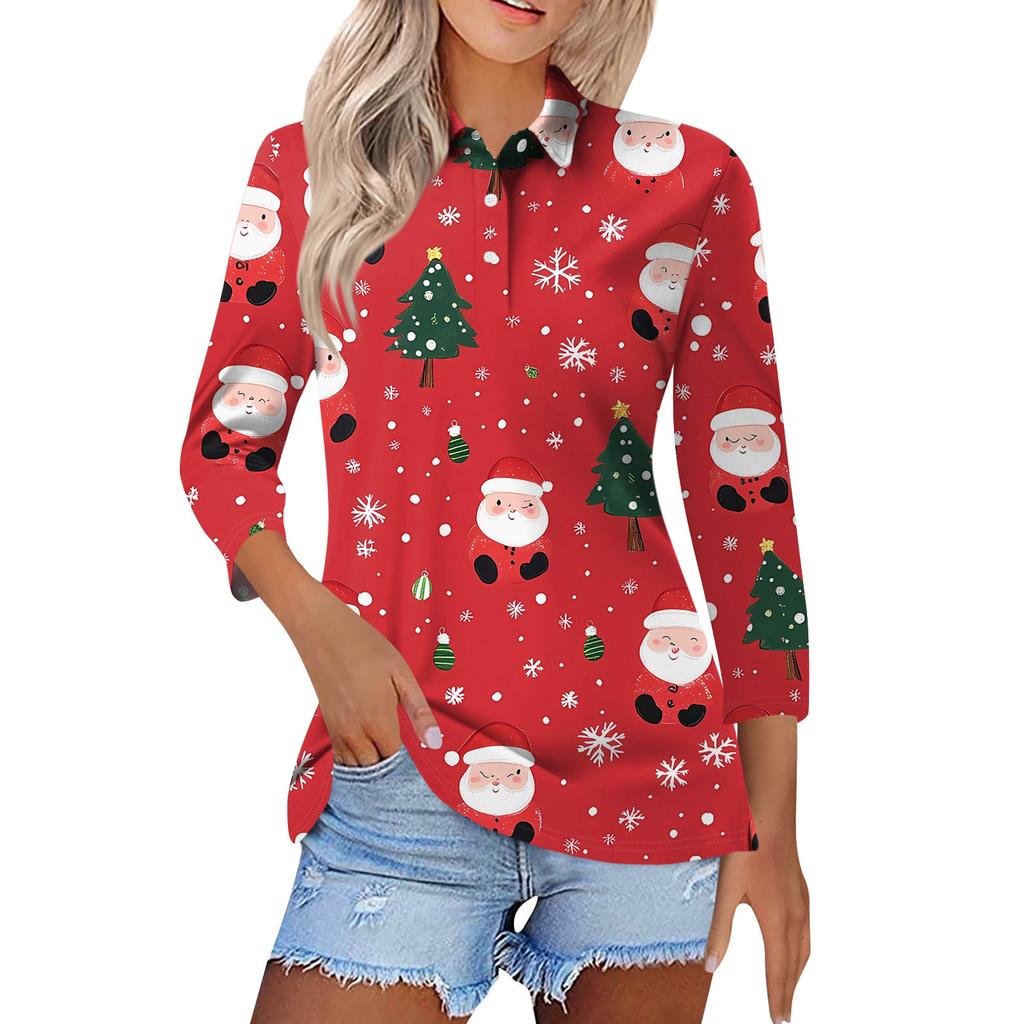Women's Fashion Casual Lapel Short 3/4 Sleeve Christmas Print Shirt Women's Button Up Tops