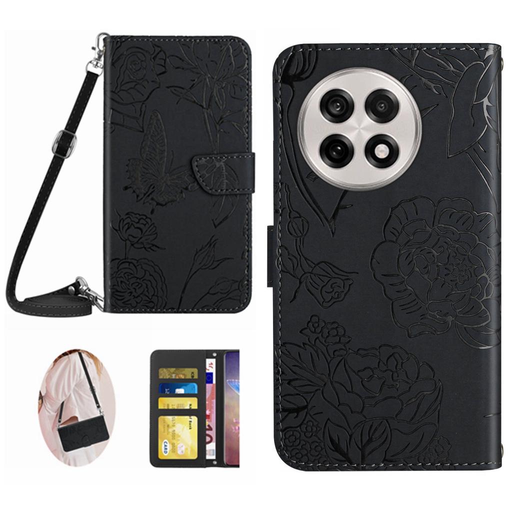 For OnePlus 13R 5G Case Butterfly Flower Imprint Leather Phone Cover with Shoulder Strap