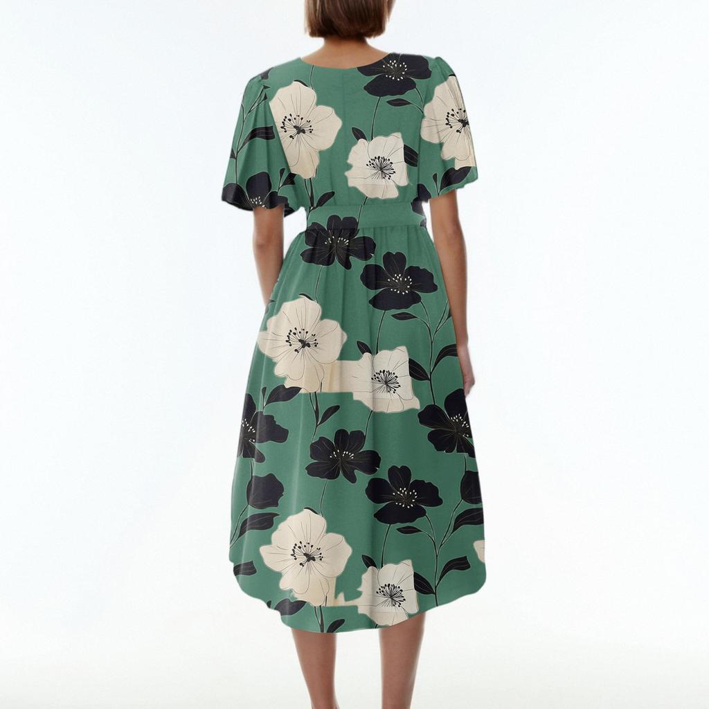 Женское свободное повседневное платье с V-образным вырезом, расклешенная юбка, короткие рукава, напечатанное платье с принтом